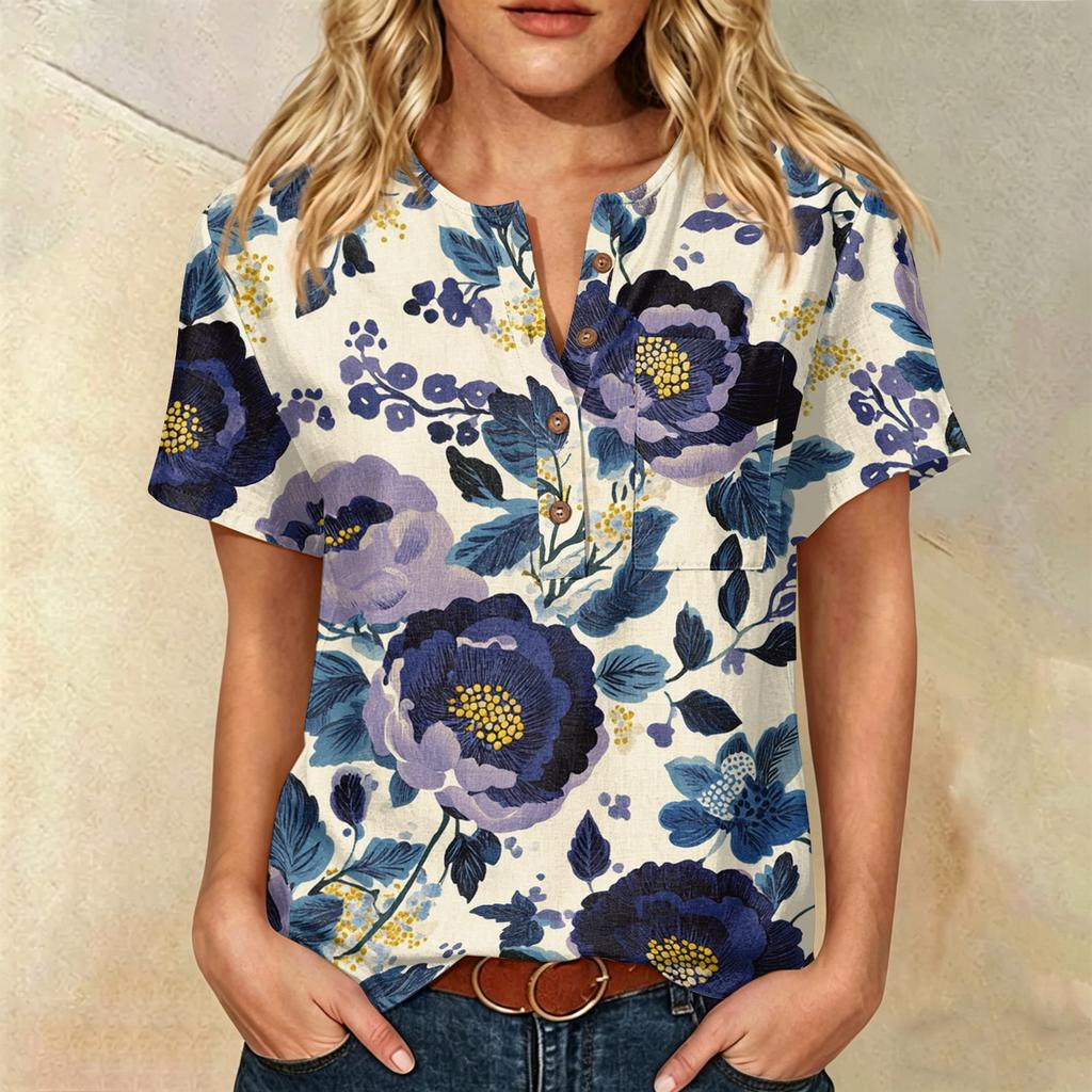 Women’s Fashion Printed Short Sleeve Cotton Linen Shirt with Henley Button Neckline and Chest Pocket for Casual Wear