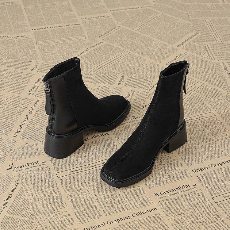 2025 Martin Boots Women's New Thin Foreign Boots Thick-soled Martin Winter Velvet Autumn and Winter Square Head Short Boots Fashion
