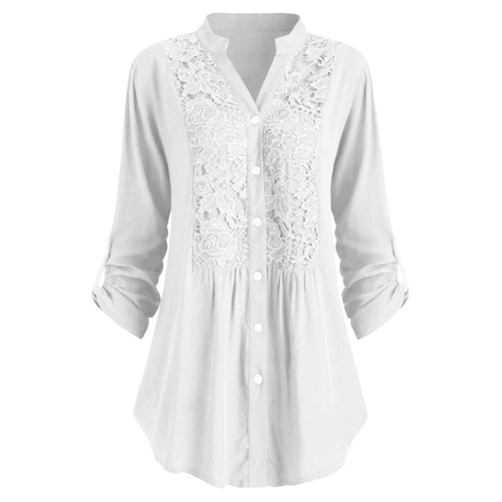 Women Ladies Large Size Button Lace V Neck Long Sleeve Shirt Blous