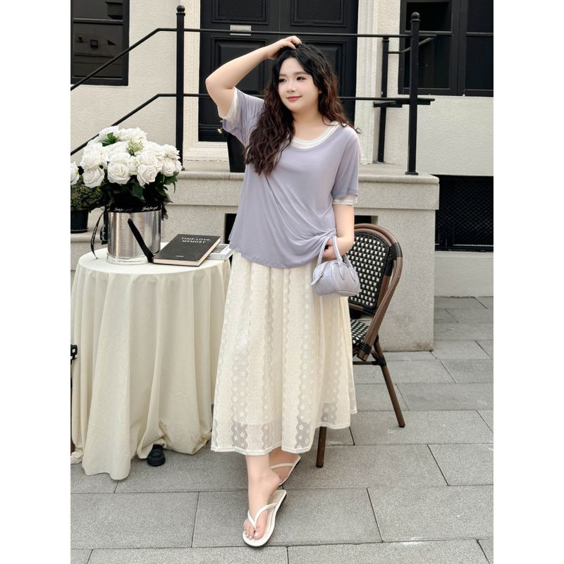 Plus size women clothing [Lyocell Stacked T] Double-Layer Contrast Color round Neck Loose Summer Short sleeve 100.00kg Belly Covering T-shirt