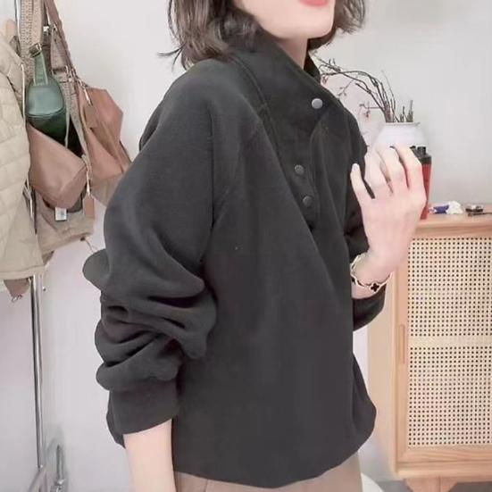 Fleecegensere for kvinner Langermet Knapp opp Pullovertopp Casual Ståkrage Varme Antrekk for Høst Vinter