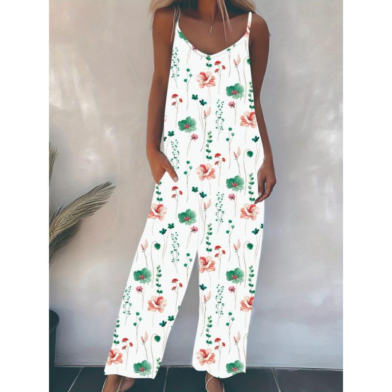 Women's Floral Print Spaghetti Strap Jumpsuit Casual Loose Wide Leg Overall with Pockets
