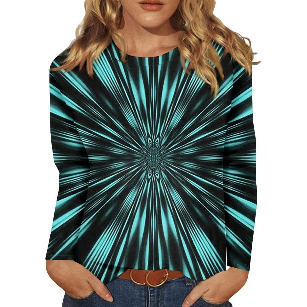 2025 New Women's Flower Fashion Print Long Sleeve T-shirt Sports Leisure Cute Polyester Ultra-thin Round Neck Long Sleeve