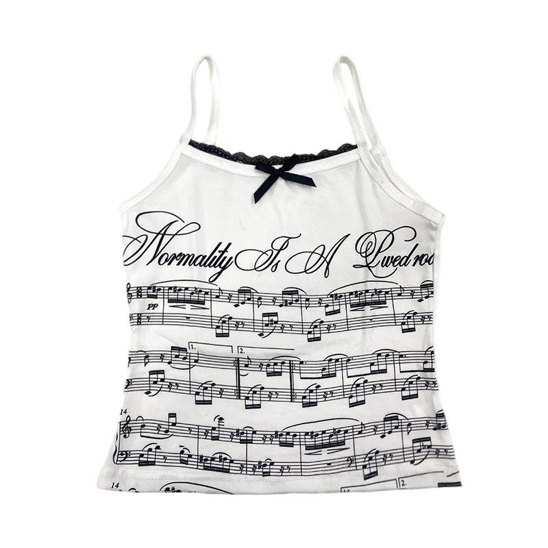 Y2K summer note pattern printed trendy camisole vest with bow decoration