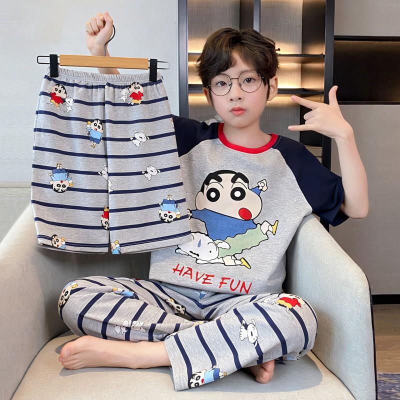 Cotton 3-Piece Pajama Set Boys Lightweight Short Sleeve Sleepwear Cartoon Print Home Wear Ages 8