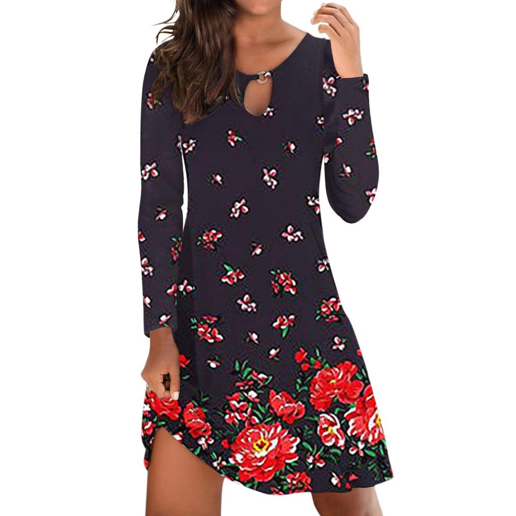 Vestido De Mujer Con Cuello En O Hueco Estampado Manga Larga Vestido De Mujer Con Cuello En O Hueco Estampado Manga Larga