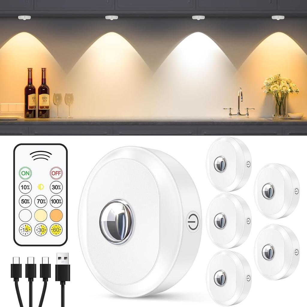 6 PCS RGB Rechargeable Night Lights with Remote Control Dimmable Timing Function LED Lights for Kitchen Cabinet Shelf