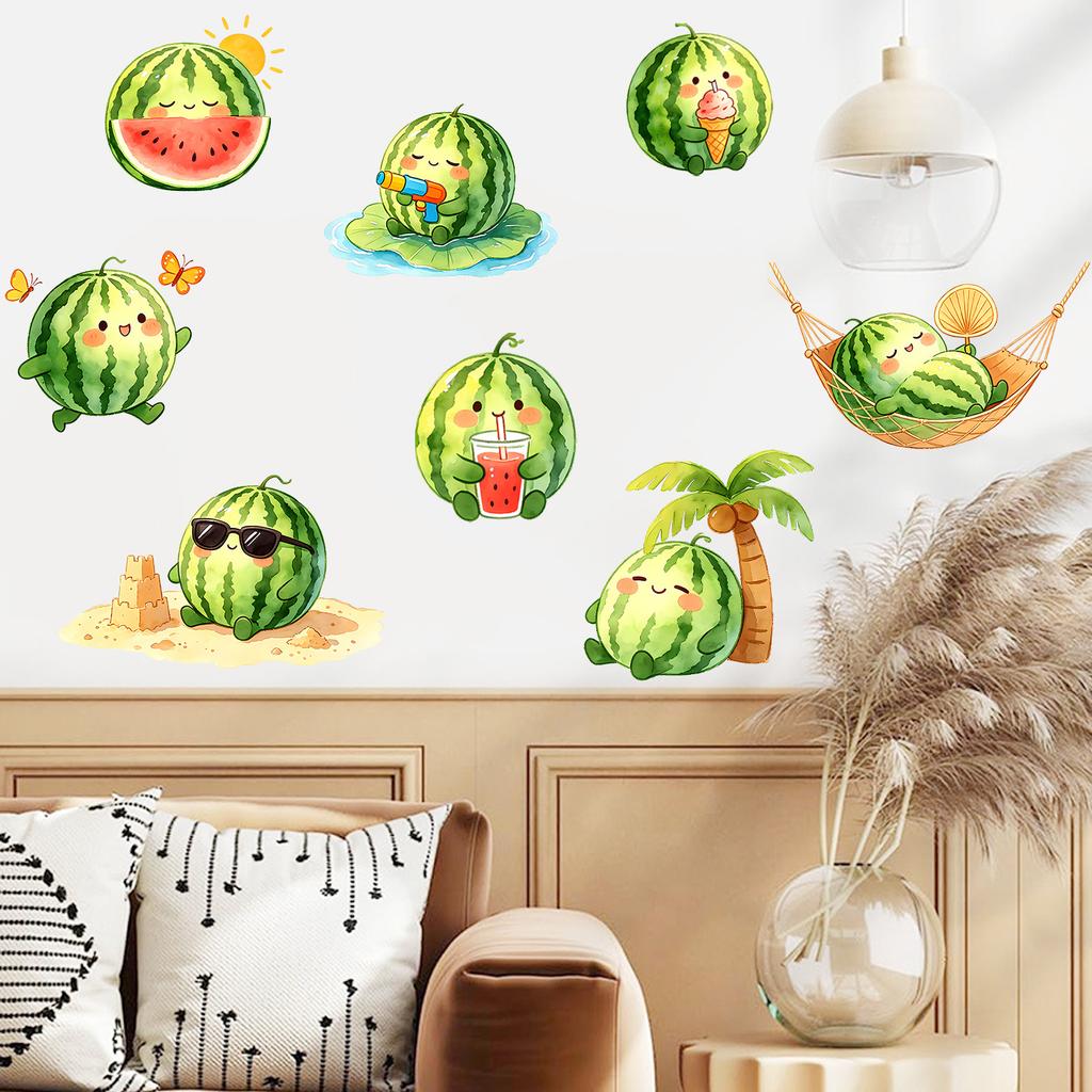 Creative Cartoon Watermelon Vacation Self Adhesive Removable No Residue Glass Window Sticker for Kitchen Living Room Home Decor