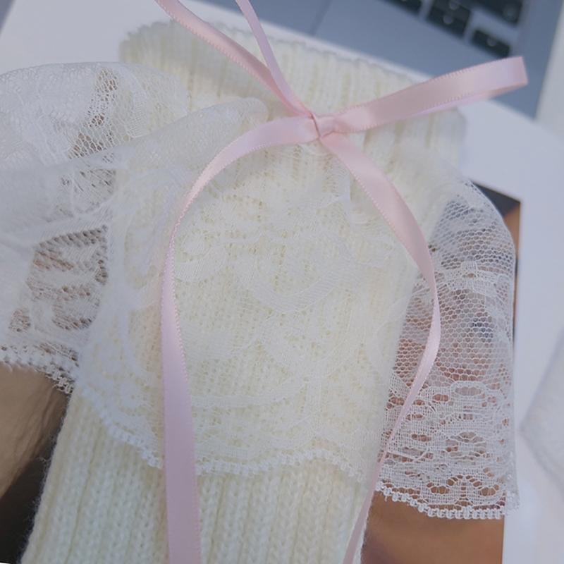 Elegant Ribbed Knit Stretch Leg Warmers Boot Covers Lace Trimmed Ribbon Bowknot Leg Sleeve Knee Length Socks for Women