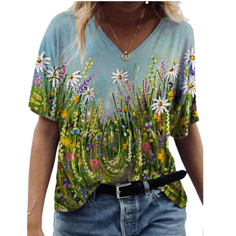 Oversized Women Summer New Casual Short Sleeve Loose Large Size Tops Landscape 3D Floral Print Top