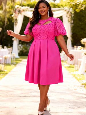 Elegant Plus Size Lace Patchwork A-Line Dress with Lantern Sleeves