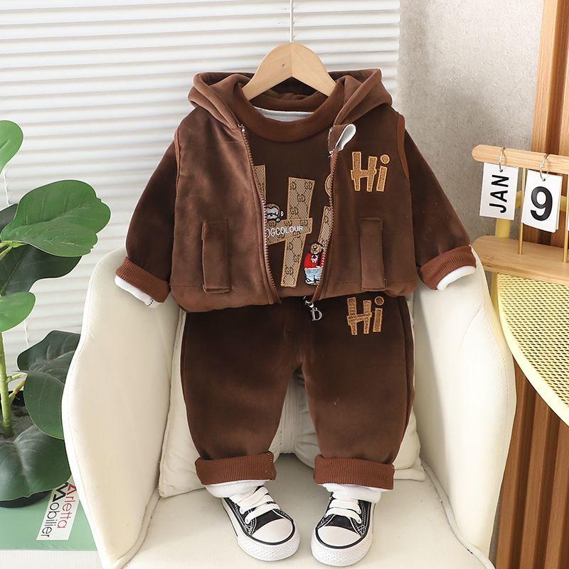 Baby Boys Clothing Set Autumn Winter Cartoon Thick Hooded Jacket Coat Pants 3Pc Suit for Kids Warm Outfits