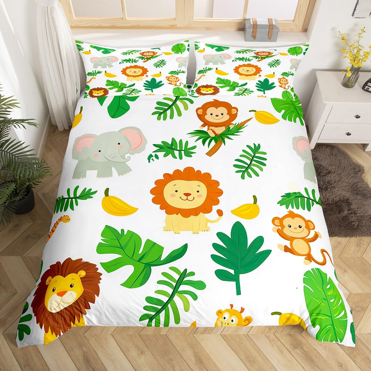 

Monkey Queen Full Twin Comforter Cover, Kawaii Animal Monkey Duvet Cover Branches Leaves Bedding Set For Kids Girls Teens Adult EU Single(135x200cm)