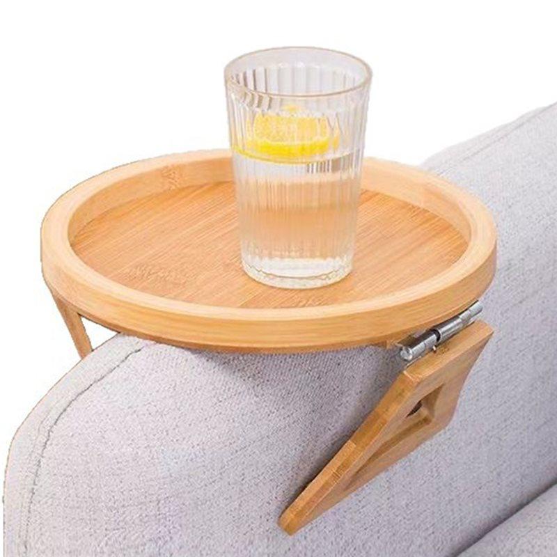 A25F-Sofa Armrest Tray, Wooden & Bamboo Folding Sofa Tray Table Use For Eating/Remote/Drinks/Phone (Round, Square)