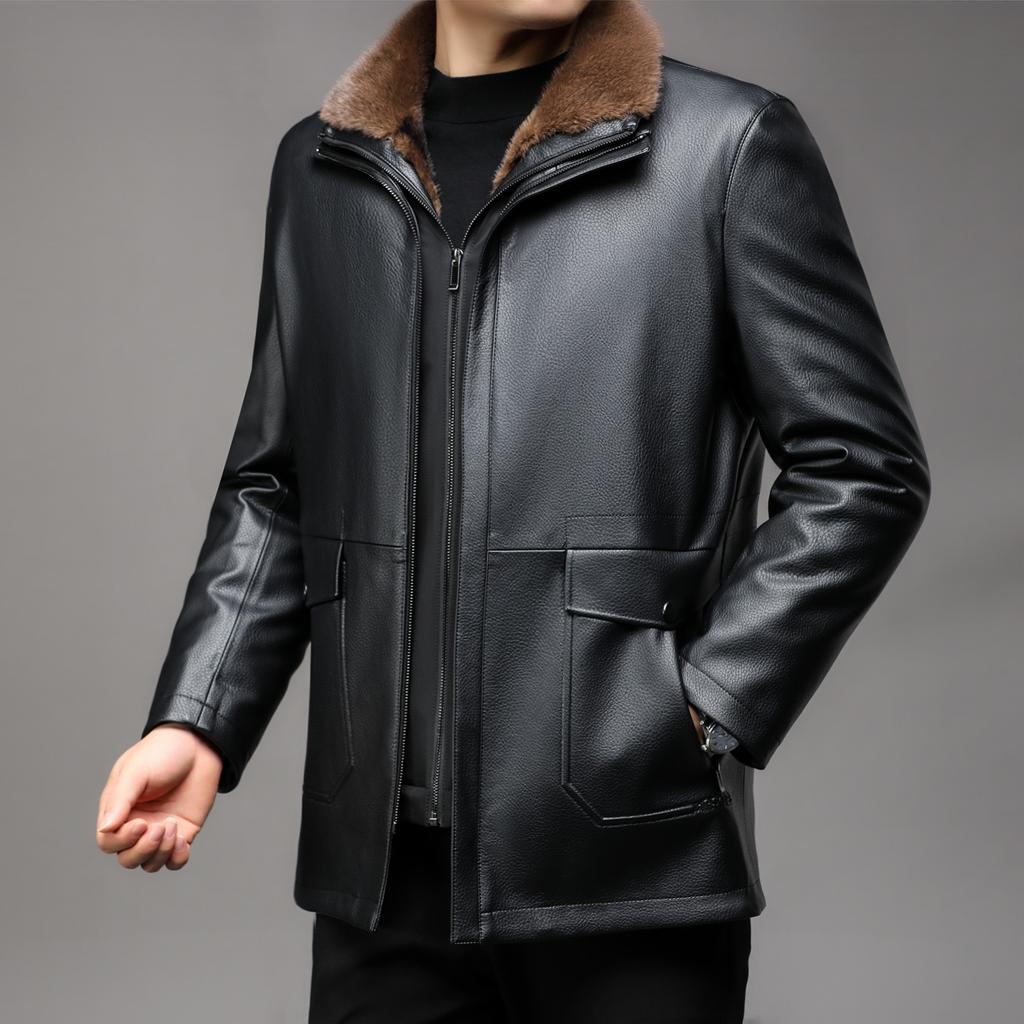 Men's Plus Velvet Removable Inner Liner Single Leather Jacket Middle-aged Jacket Fashionable Winter Lapel Leather Jacket
