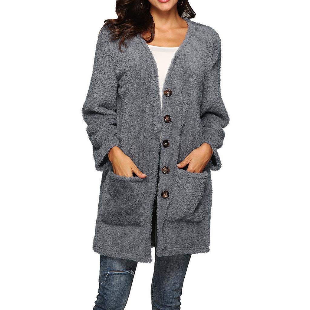 Women's  And Winter Loose Solid Color Stitching Long-sleeved V-neck Single-breasted Pockets Plush Coat