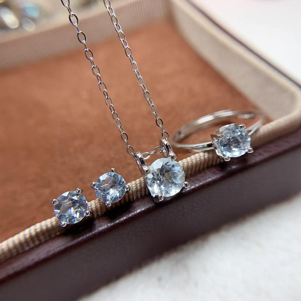 Sterling Silver S925 Aquamarine Bull Head Necklace, Earrings & Open Ring Set