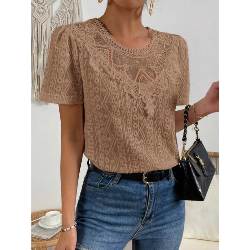 Nuova Blusa Estiva con Inserti in Pizzo da Donna Camicie Scollo Tondo Traforate Top alla Moda Manica Corta Colore Unito Dolce Abbigliamento Largo Elegante