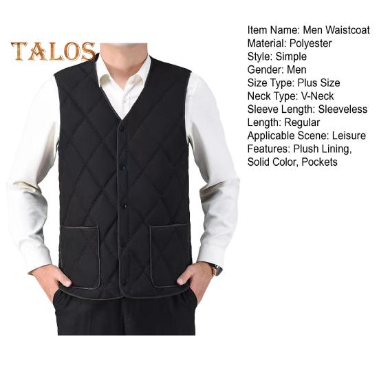 Men Waistcoat V-Neck Sleeveless Solid Color Single Breasted Vest Coat with Pockets Thickened Plush Lining Quilted Bottoming Vest Jacket