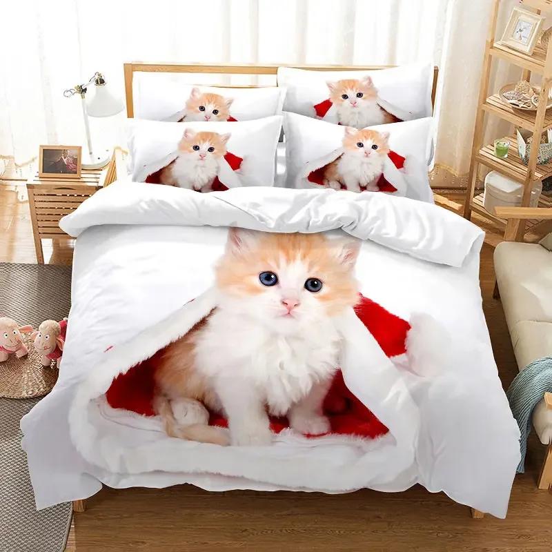 Cat Duvet Cover Set Cute Kitty Theme Bedding Set for Kids Girls 2/3pcs Single Double Queen King Size Comforter Cover Bedclothes