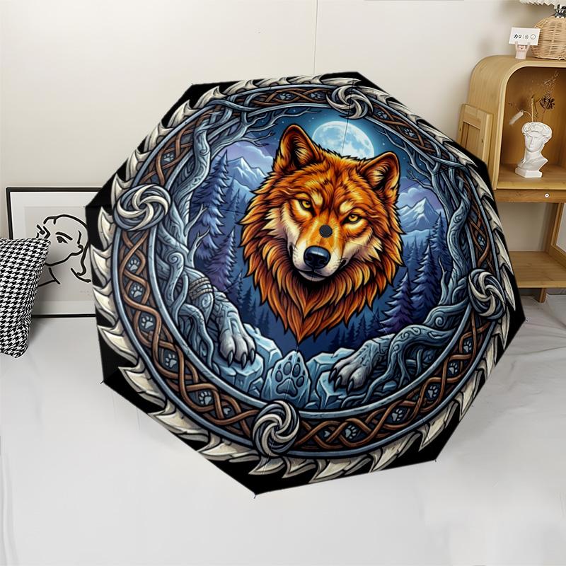 Wolf Moon Forest Crest pattern umbrella, portable and foldable design, 8 ribs, a casual accessory for Halloween, Christmas, and birthday gifts.