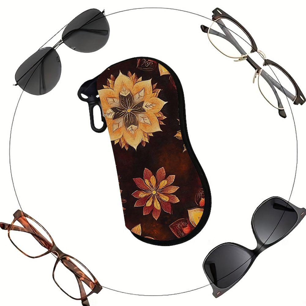 2D-Boho Autumn Floral Print Sunglasses Case, Vintage Mandala Flower Eyeglass Storage Pouch, Protective Zipper Eyewear Holder for Travel Gift