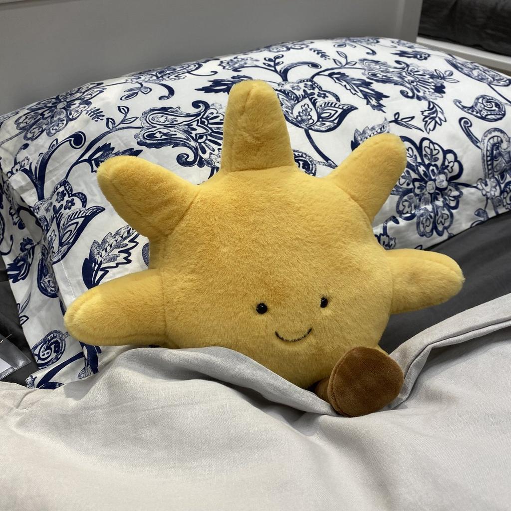 Adorable cara sonriente, luna blanca, sol amarillo, peluche de peluche, lindo juguete de peluche con dibujos del clima para decoración de dormitorio infantil, sofá, almohada
