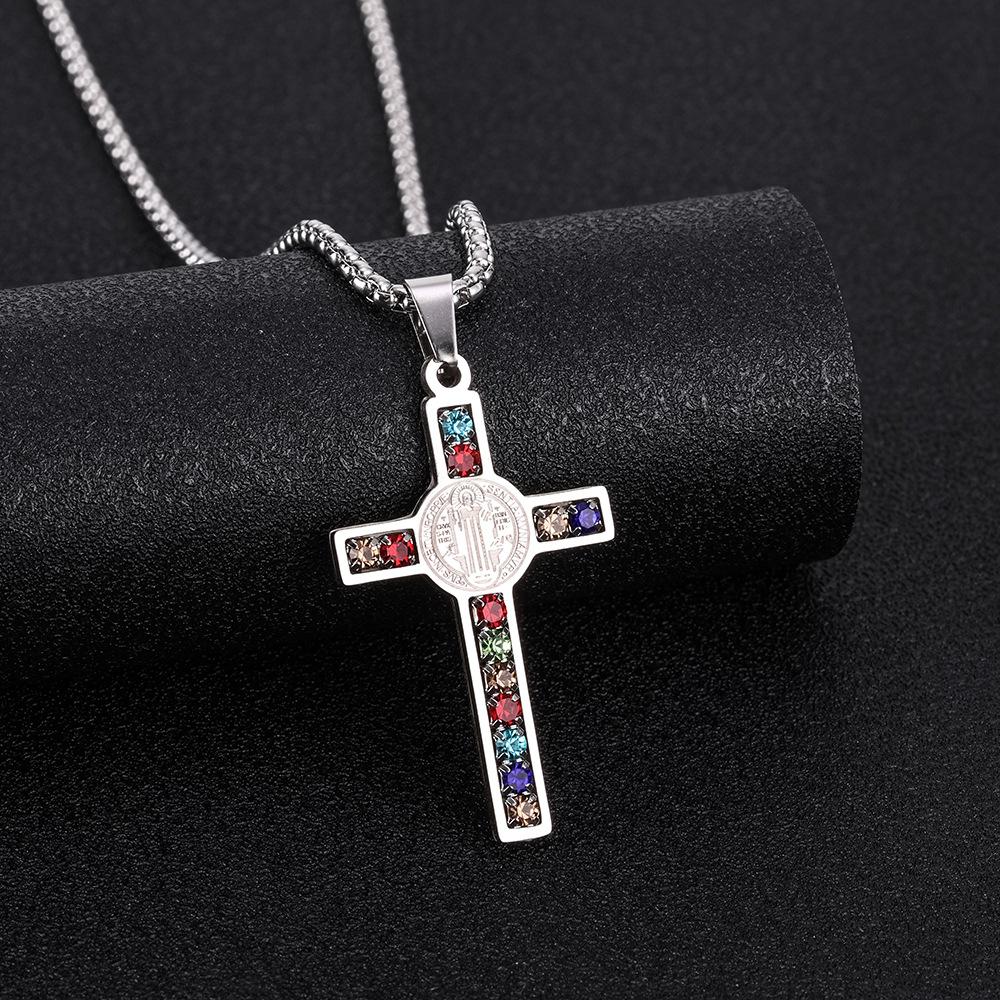 1PC Stylish Stainless Steel Cross Pendant Necklace, St. Benedict Pattern, Multi-Color Artificial Zirconia Embellishment