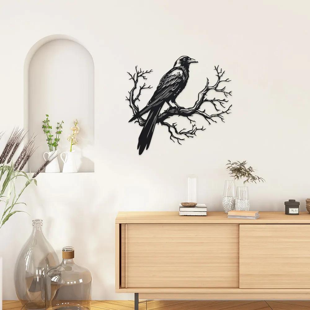 1pc Metal Piece Raven on Tree Branch Metal Wall Art, Black Silhouette Bird Decor, Durable Iron Wall Decoration