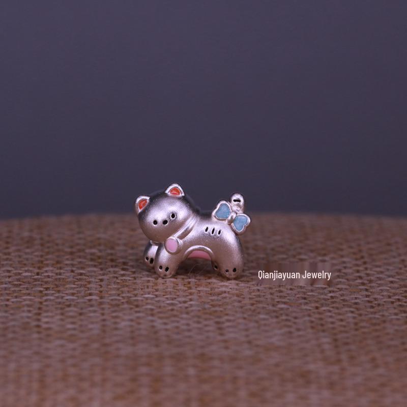 Sterling Silver Bowknot Kitten Beaded Rope Accessory - Handmade Cute Kitten Amusement Park Theme.