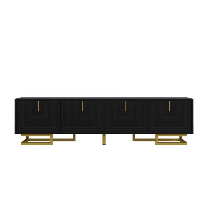 Meuble TV - MODERNLUXE - 160x38x44.5 cm - 4 portes - Pieds dorés - Noir
