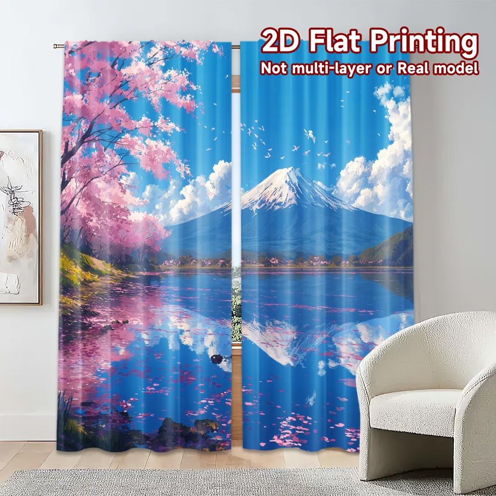 2pcs, 2D FLAT PRINTING Curtains (Without Rod) Sakura Reflection Pattern Modern Curtains Fabric Curtains Holiday Use for Bedroom