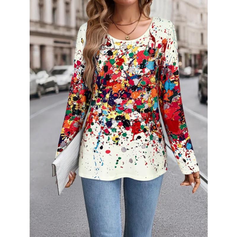 Women's Splatter Print Long - Sleeve T - Shirt, Round Neck, Multicolor Design, Great for Everyday & Fashion - forward Looks