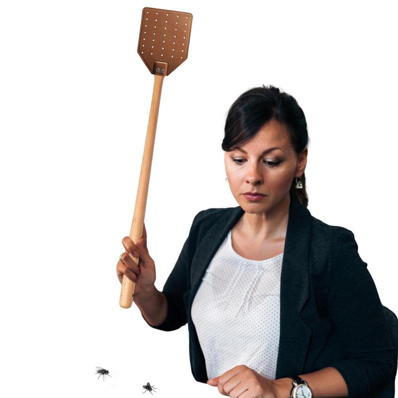 Leather Fly Swatter with 19" Long Wood Handle Sturdy Durable Flyswatter for Indoor and Outdoor Pest Control Rustic Swatter