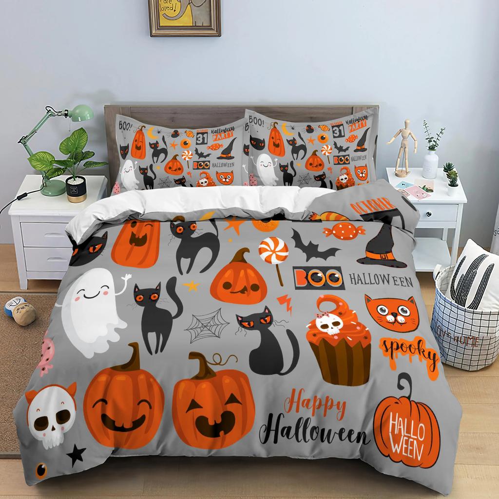 Happy Halloween King Queen Duvet Cover Orange Pumpkin Bedding Set Kids Teens Adults Bats Horror Festival Polyester Quilt Cover