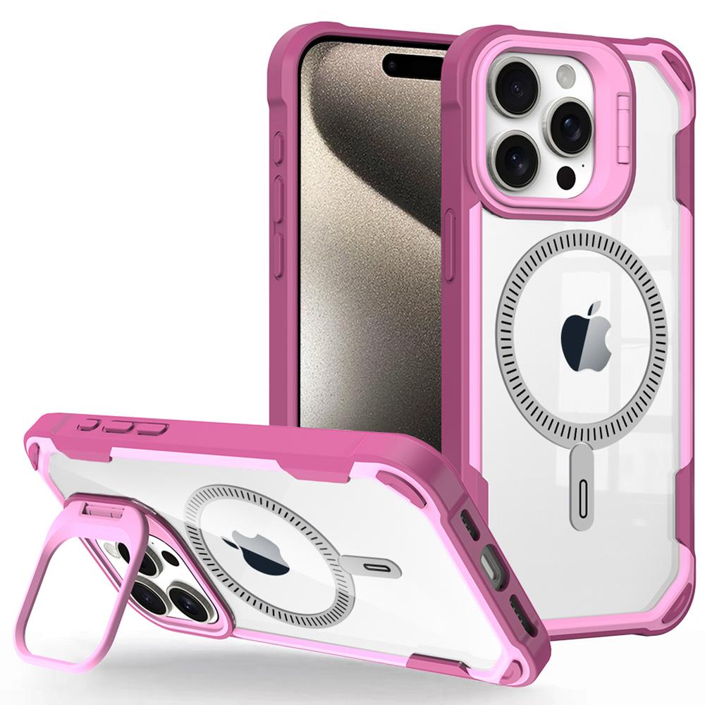 

For iPhone 14 Pro Case PC+TPU+Acrylic Back Cover with Lens Kickstand Compatible with MagSafe Pink