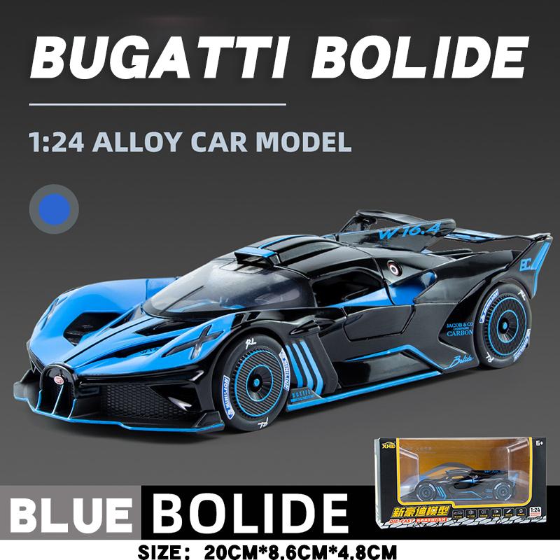 

Масштаб 1/24 Модель спортивного автомобиля Bugatti Bolide из сплава Литая металлическая игрушка Гоночные автомобили Звук и свет Коллекция игрушек Подарок для детей синий