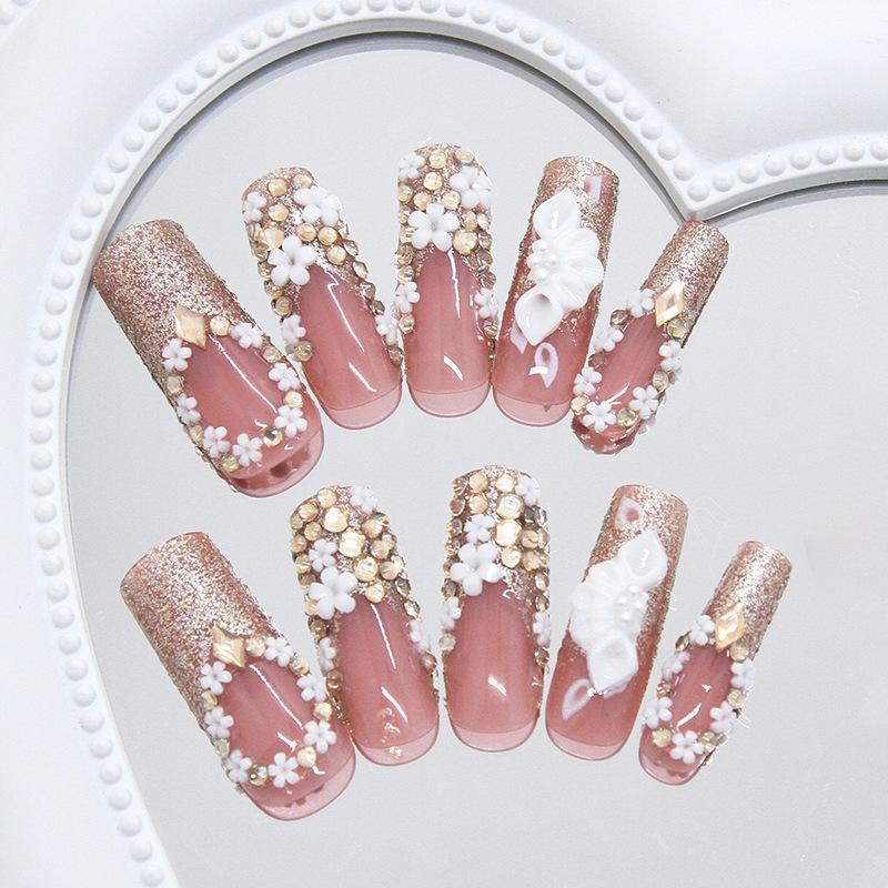 French flash gold pile diamond flower atmosphere Spice girl ins wind removable nail piece Wear nail 24