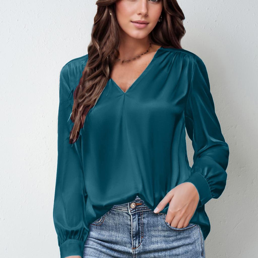 Women's satin pleated long-sleeved top with a V-neck, casual loose tinted commuter shirt
