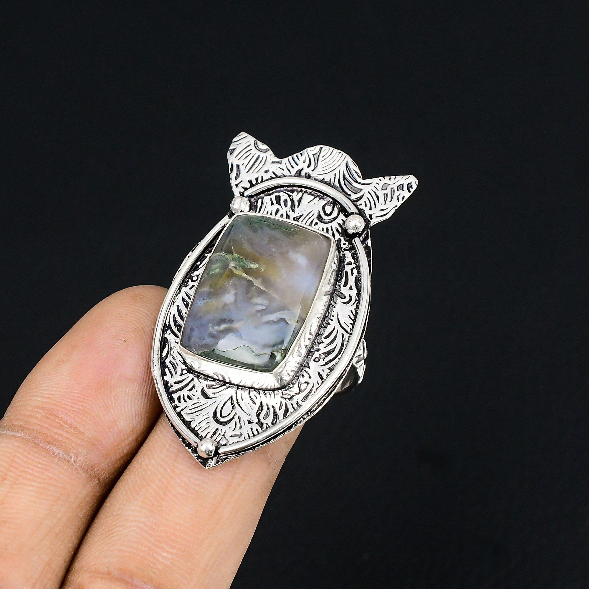 Natural Solar Moss Agate Gemstone Promise Ring Size 7.5 925 Silver For Women 7.5