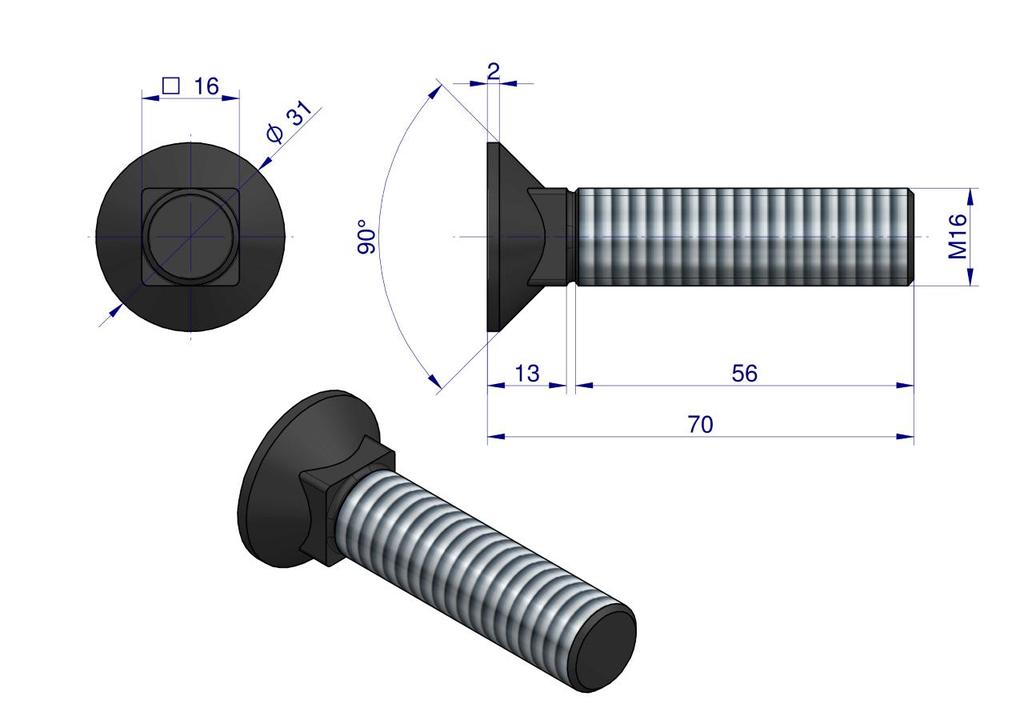 Śruba Kpl. Płużna Podsadzana D 608 M16X70 Mm Kl.10.9 Waryński ( Sprzedawane Po 10 )