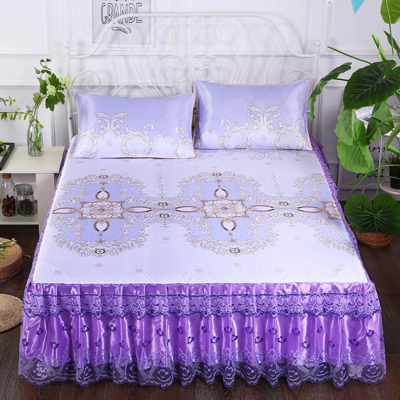 3-teilige Kühlmatte, Spitzen-Bettrock, Eismatte, moderne Bettüberwürfe, hautfreundliches Bettwäsche-Set, Stoff für Queen-Size-Betten mit Kissenbezug
