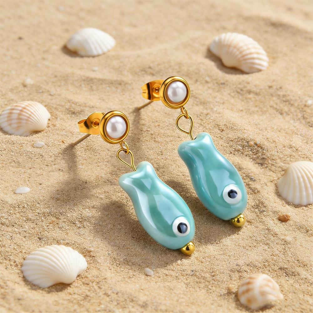 

Stainless Steel Earrings Colorful Ocean Ceramic Fish Drop Dangle Earrings for Women Summer Beach Holiday Handmade Jewelry Gift