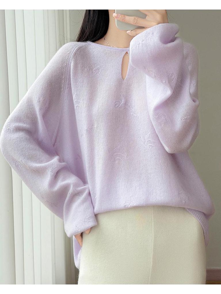 Autumn/Winter 100% Wool Retro Loose Pullover Sweater with 3D Floral Design for Women