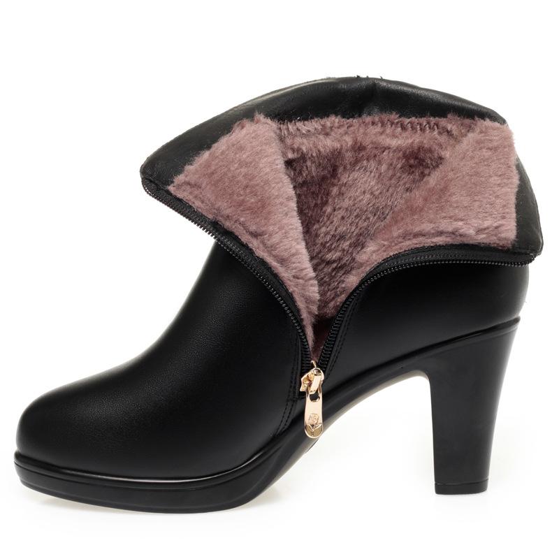 

6см 7,5см Элегантные ботильоны из мягкой кожи в британском стиле Женские туфли на блочном каблуке средней высоты 2025 Зима Черные Теплые Короткие Меховые Ботильоны 38