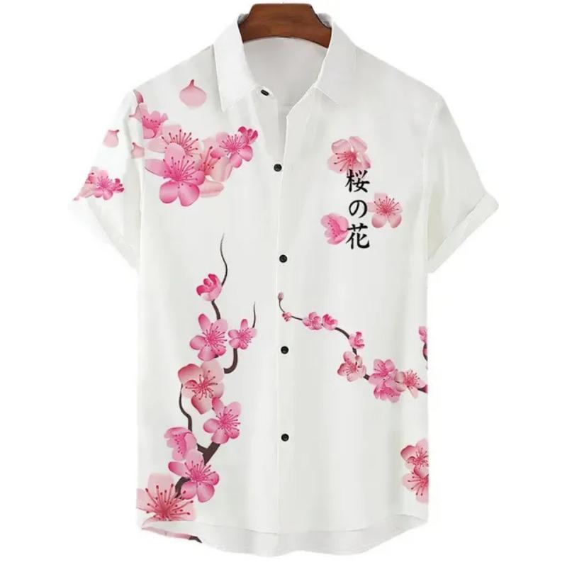Fashionable Luxury Social Men's Shirt Lapel Button-down Shirt Casual Japanese Aesthetic Cherry Blossom Print Short-sleeved Tops