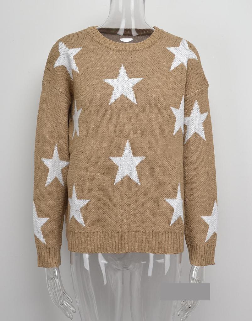 Autumn and Winter Pullover Temperament Commuter Elegant Round Neck Large Size Five-pointed Star Knitted Sweater Comfortable Women's Clothing