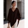 Women V Neck Loose Sweater Mid Length Long Sleeve Cozy Knit Top Fall Winter