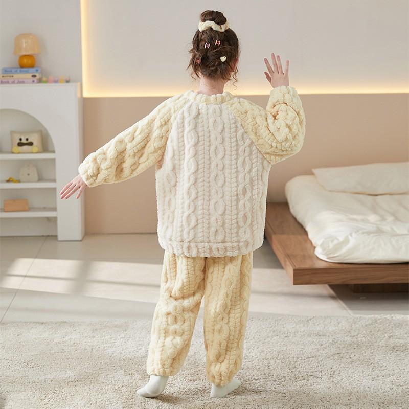 Girls Winter Warm Coral Fleece Pajama Set Long Sleeve Cartoon Print Kids Home Wear Sleepwear Ages 8