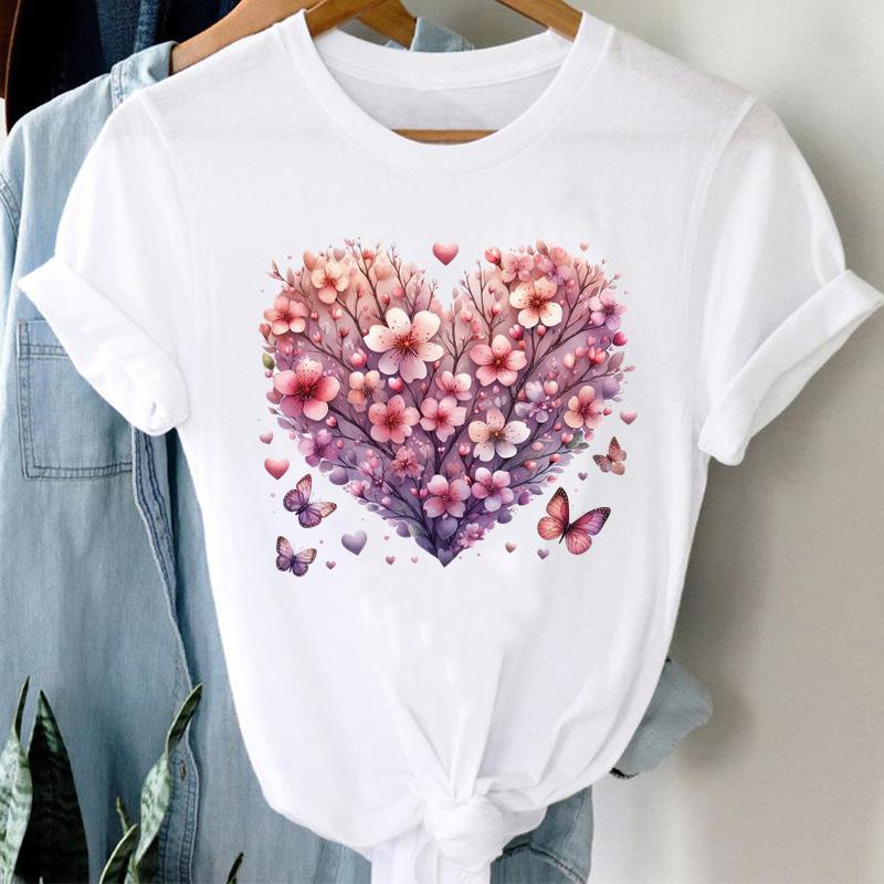 (Asian Size)  flower love heart Short Sleeve T Shirt Women Tee Top Clothing Casual Fashion Print Lady Female Graphic T-shirts